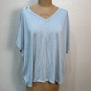 Easel Women Large Light Blue Cold Shoulder Oversized Short Sleeve V-Neck Top NWT